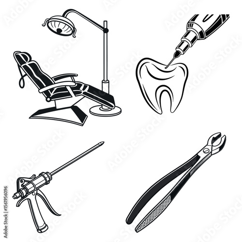 Collection of dental instruments and equipment including a chair tooth drill and forceps isolated on white background