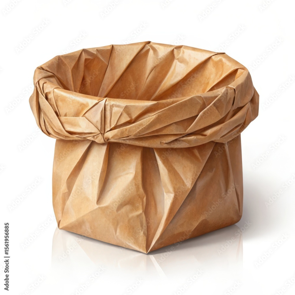 Crushed brown paper bag with folded top isolated on white background Crushed brown paper bag with folded top isolated on white background
