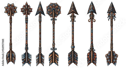 Set of fantasy arrows with ornate designs on white background