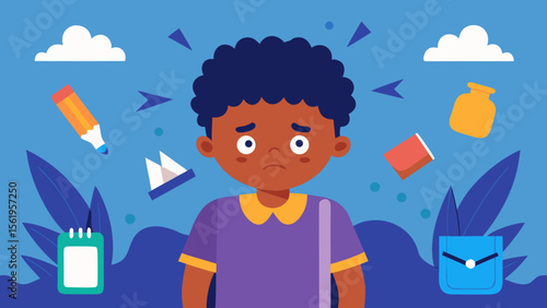Sad schoolboy surrounded by school supplies, expressing stress and anxiety related to school