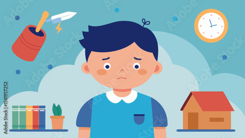 School Anxiety. Sad boy surrounded by symbols of punishment, school, and home, expressing fear or emotional distress