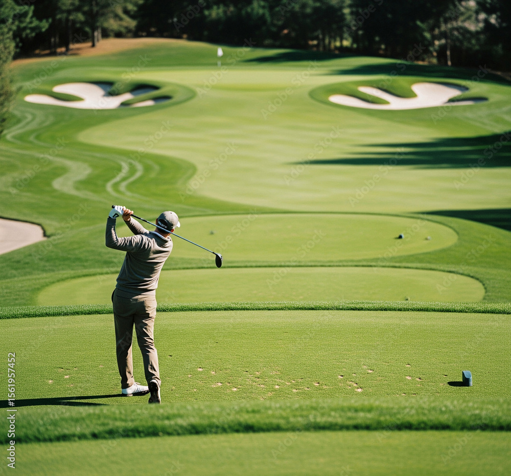 Fototapeta premium Man Playing Golf on Scenic Course – Outdoor Sport and Leisure Lifestyle Concept