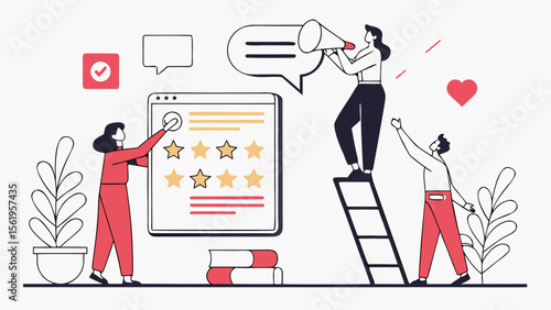 A diverse group of characters actively engaging in customer feedback, showcasing teamwork and enthusiasm.