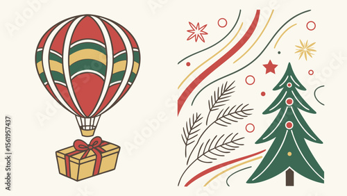Festive illustration featuring a colorful hot air balloon and holiday-themed decorations.