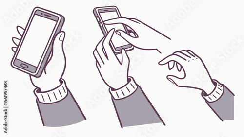 Illustration of two hands interacting with smartphones, showcasing different gestures and applications.
