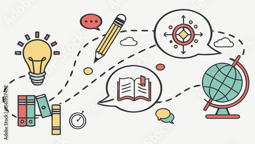 An illustrated concept of learning with a light bulb, books, a globe, and a pencil surrounded by thought bubbles.