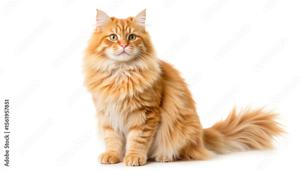 Fototapeta premium Orange cat sitting and looking forward with a fluffy coat