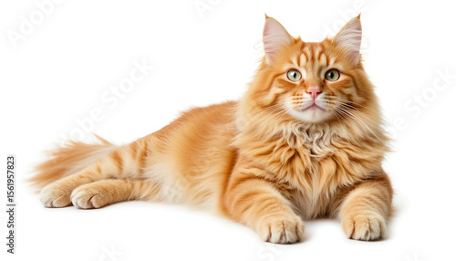Fluffy orange cat lying down with piercing green eyes on white background  