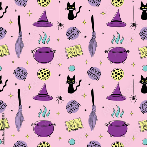Halloween seamless pattern with good witch symbols - cat, magic book, witch hat, broom and cauldron. Power girls theme. Cute holiday kids decor