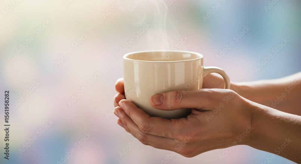 Warmth in Hands: Steaming Coffee Mug Held Against Soft Light Background Warmth in Hands: Steaming Coffee Mug Held Against Soft Light Background