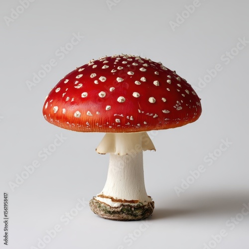 Vibrant red amanita muscaria mushroom with white spots isolated on white background