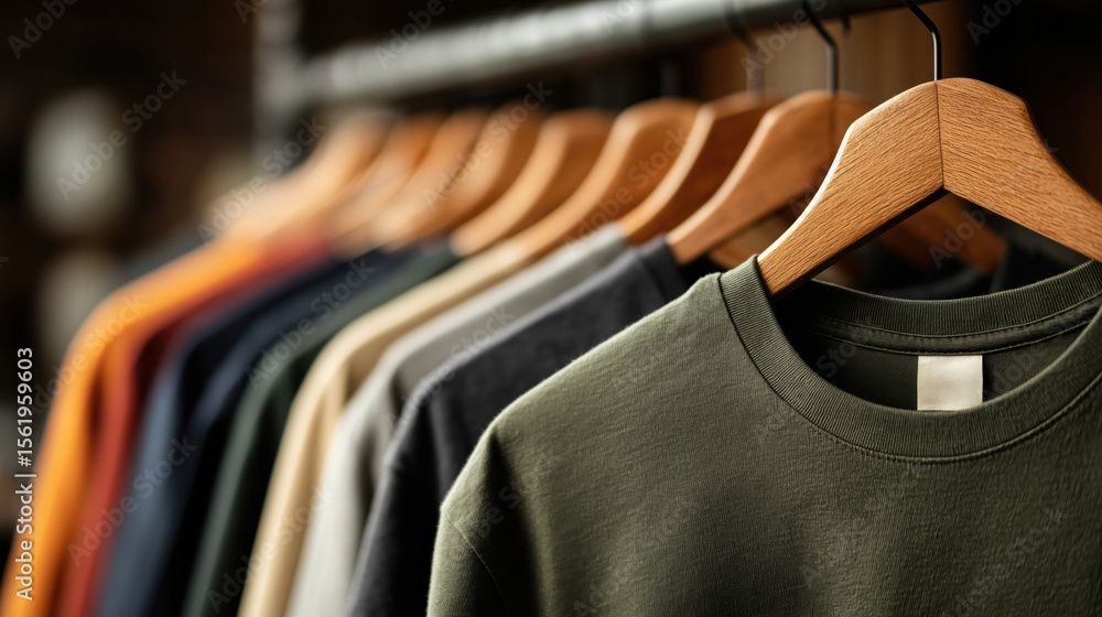 Obraz premium Row of assorted color t-shirts on wooden hangers in clothing store, neatly arranged on rack with soft focus background. Fashion retail.