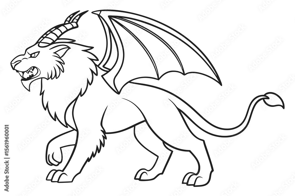 Obraz premium Line art of a fearsome chimera, suitable for a coloring page, simple lines, no shading, clear outlines, black and white