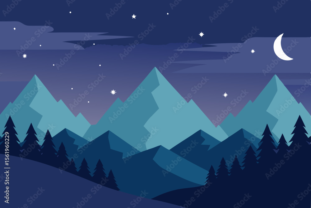 Fototapeta premium Serene Night Majestic Mountains under a Crescent Moon