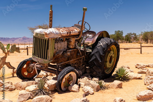 old tractor parked in the desert, namibia