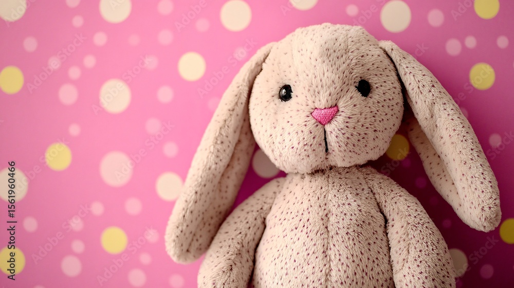 Fototapeta premium Adorable Bunny Plush on Polka Dot Background - Cute Soft Toy with Playful Pattern for Kids' Room Decor or Easter Concept
