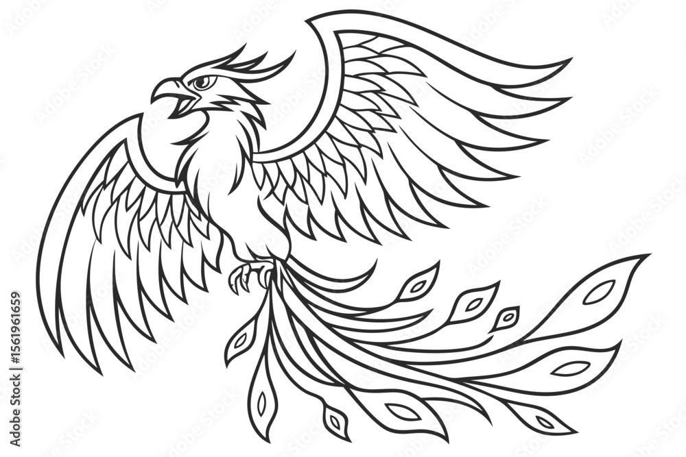 Obraz premium Line art of a fierce phoenix, suitable for a coloring page, simple lines, no shading, clear outlines, black and white