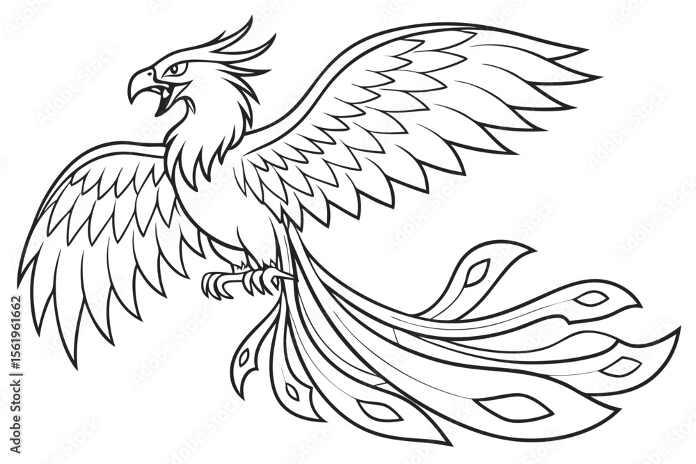 Obraz premium Line art of a fierce phoenix, suitable for a coloring page, simple lines, no shading, clear outlines, black and white