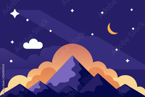 Serene Nighttime Mountain Landscape Starry Sky, Moonlit Peaks, and Peaceful Clouds
