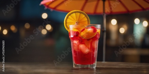 Bright fruit punch in colorful plastic cup with citrus slices, cherries, and paper umbrella garnish.