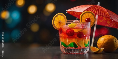 Bright fruit punch in colorful plastic cup with citrus slices, cherries, and paper umbrella garnish.