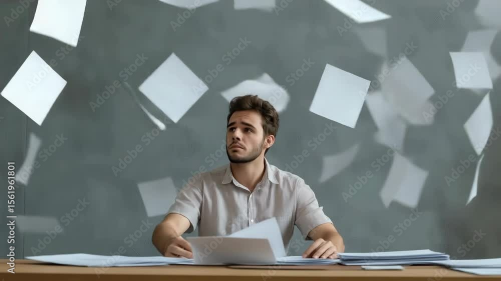 A man is sitting at a desk with papers flying everywhere. He looks frustrated and overwhelmed. The scene suggests that he is dealing with a lot of paperwork and is struggling to keep up with it