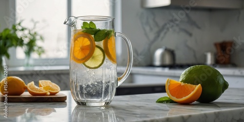 Clear glass pitcher of citrus-infused water with lemon, lime, orange slices, and mint sprigs, condensation on glass.