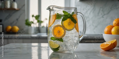 Clear glass pitcher of citrus-infused water with lemon, lime, orange slices, and mint sprigs, condensation on glass.