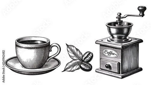 Vintage Coffee A Black and White Illustration of Coffee Cup, Beans, and Grinder
