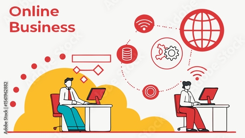 Two individuals working on computers in a vibrant online business environment, showcasing digital connectivity.