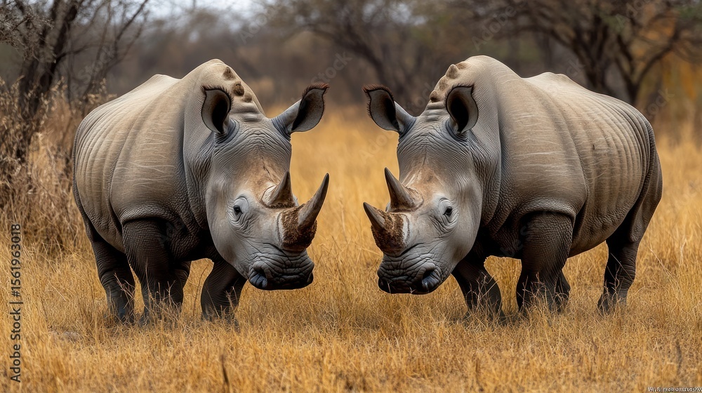 Fototapeta premium Two white rhinos facing each other in a savanna