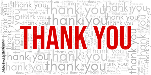 Word cloud illustration featuring the phrase “Thank You” prominently in the center, surrounded by many variations of “thank you” repeated in different sizes and orientations. A modern, positive design