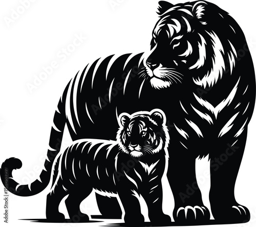 Protective Tigress and Cub silhouette vector illustration isolated on a white background
