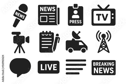 12 black media icons. Solid vector for journalism, broadcasting, and reporting.