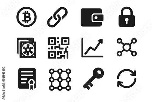 12 black crypto icons. Solid vector for blockchain, digital currency, and tech finance.