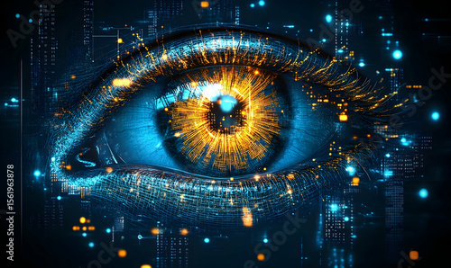 An eye, glowing gold inside a blue matrix of digital data flowing all around