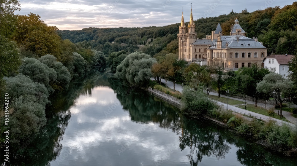 Fototapeta premium Castle towers loom over a serene river mirroring a vibrant sunset, encircled by charming buildings and lush greenery