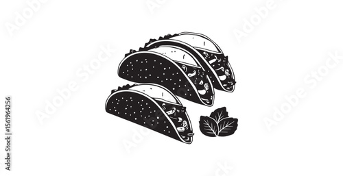 Three delicious tacos filled with ingredients and garnished with leaves silhouette