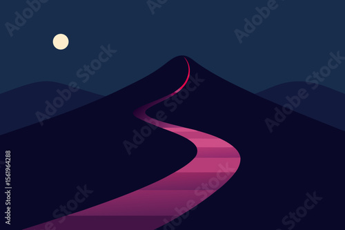 Night Journey Winding Road to Mountain Peak under Moonlight