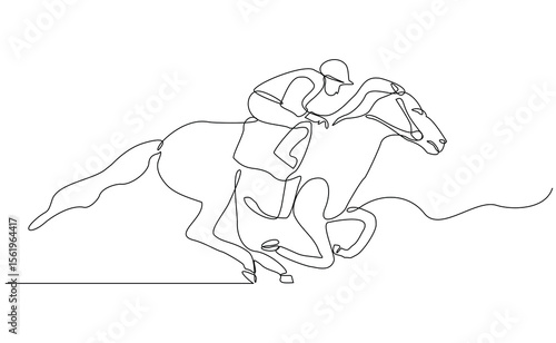 Continuous line drawing of horse stallion race jockey sport editable stroke sketch vector illustration