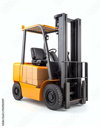 Orange Forklift Carrying Cardboard Box on White Background