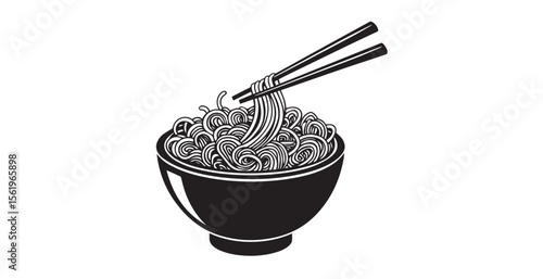Black and white illustration of noodles being picked up with chopsticks from a bowl silhouette