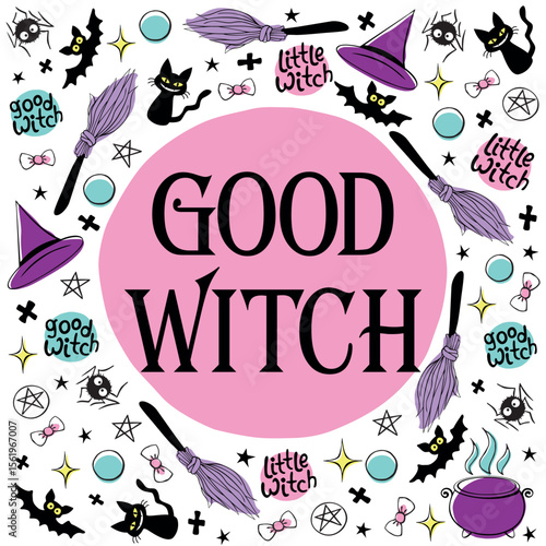 Round frame of good little witch symbols - cat, bat, broom, hat, pentagram and cauldron. Happy Halloween and Power girl theme. Border, background or title for greeting card, invitation, party poster