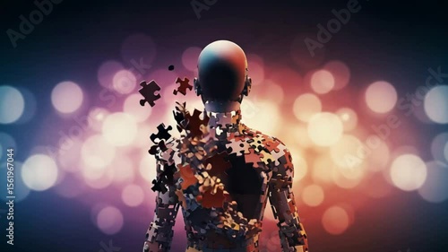 Puzzle-person stands with bokeh. Concept wholeness, solving problems, healthcare, or identity