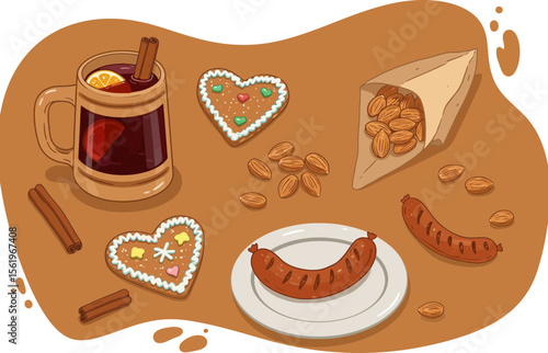 Traditional German Christmas Market food: Glühwein, Lebkuchen, and Bratwurst.