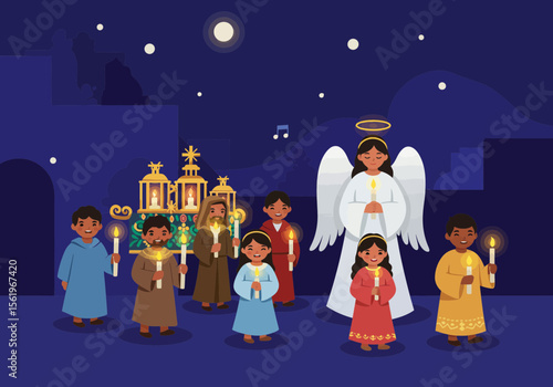 Las Posadas procession with children dressed as Mary and Joseph.