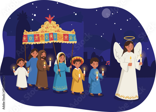 Las Posadas procession with children dressed as Mary and Joseph.