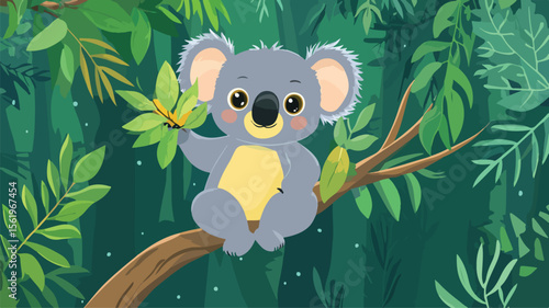 Cute Koala Eating Leaves on Tree Branch