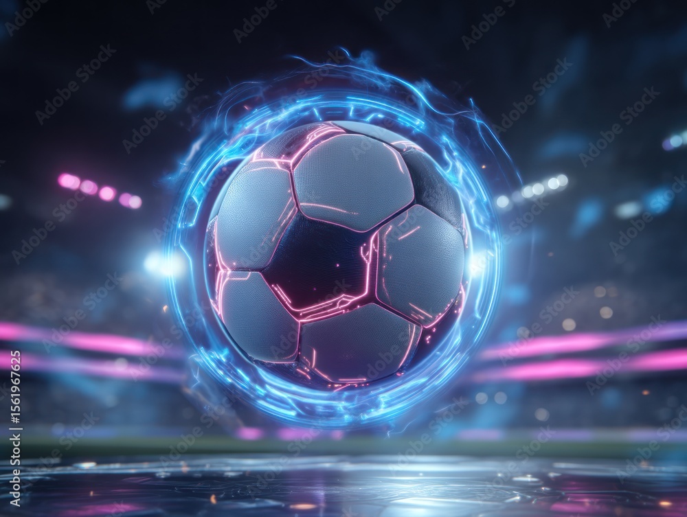 Naklejka premium Futuristic soccer ball in a stadium at night