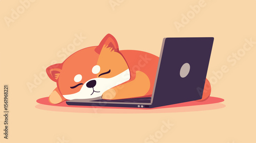 Cute Shiba Inu Dog Sleeping on a Laptop - Technology Concept with Tired Pet